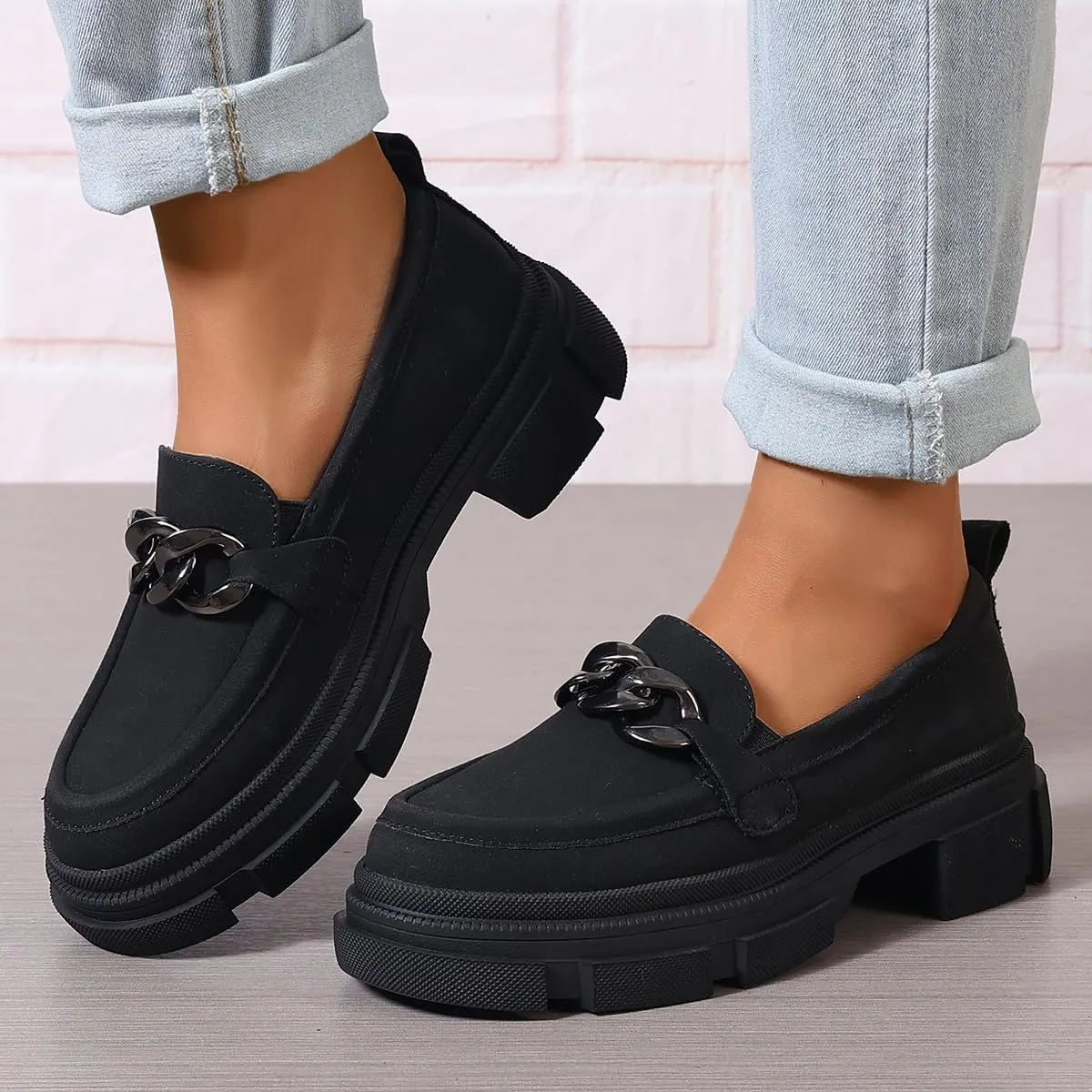 Women's Thick Bottom Suede Slip On Loafers with Metal Chain Platform Chunky Penny Loafer Lug Sole Casual Business Oxford for Work