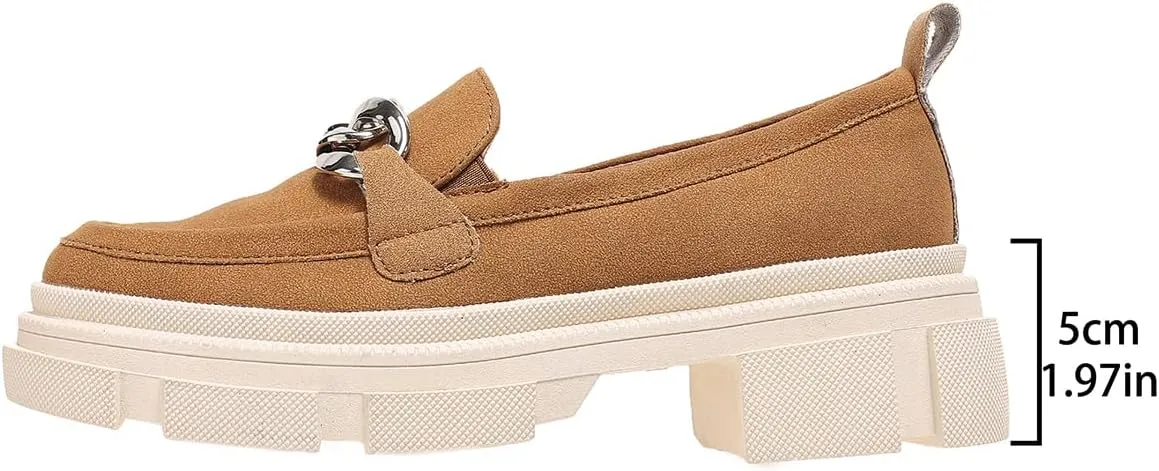 Women's Thick Bottom Suede Slip On Loafers with Metal Chain Platform Chunky Penny Loafer Lug Sole Casual Business Oxford for Work