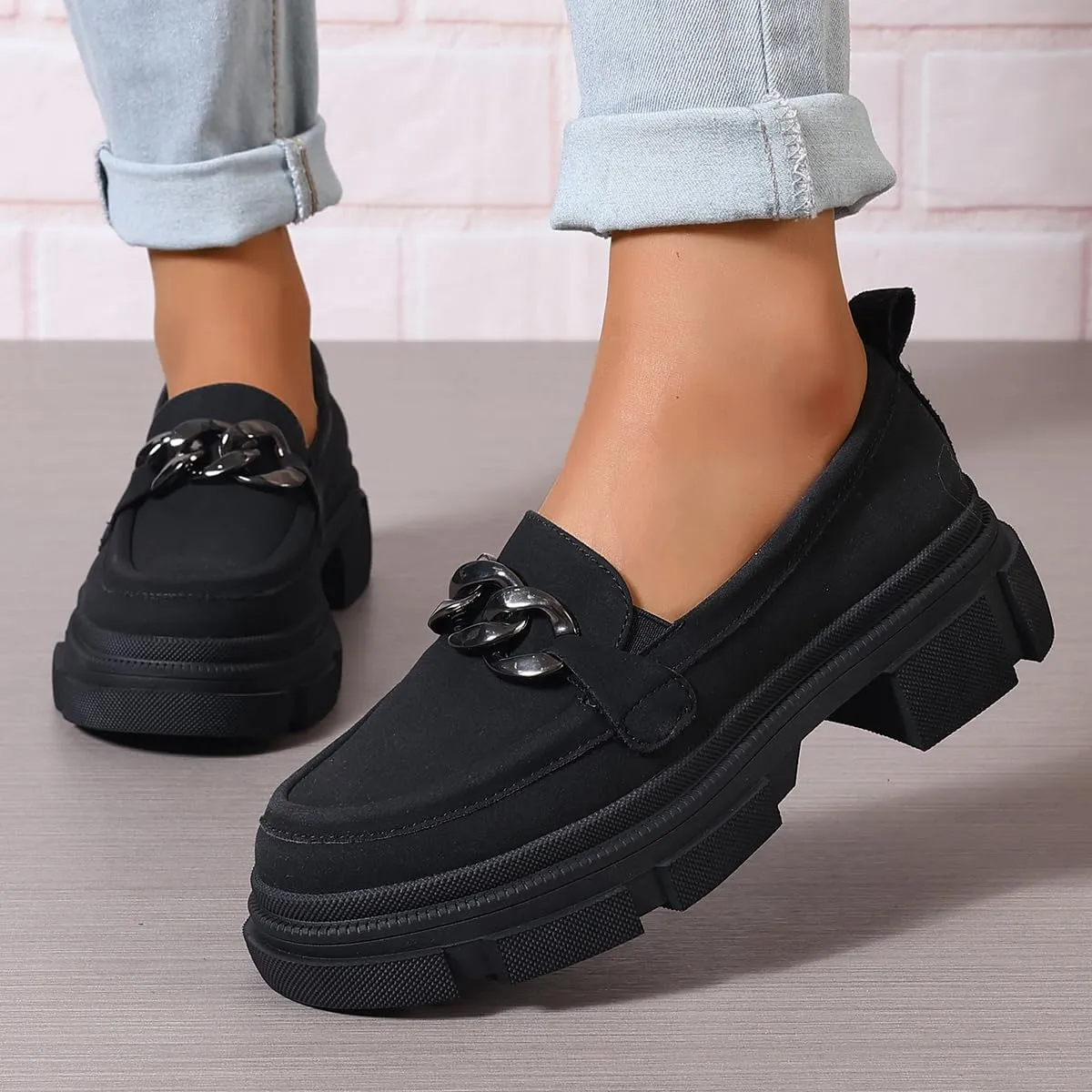 Women's Thick Bottom Suede Slip On Loafers with Metal Chain Platform Chunky Penny Loafer Lug Sole Casual Business Oxford for Work