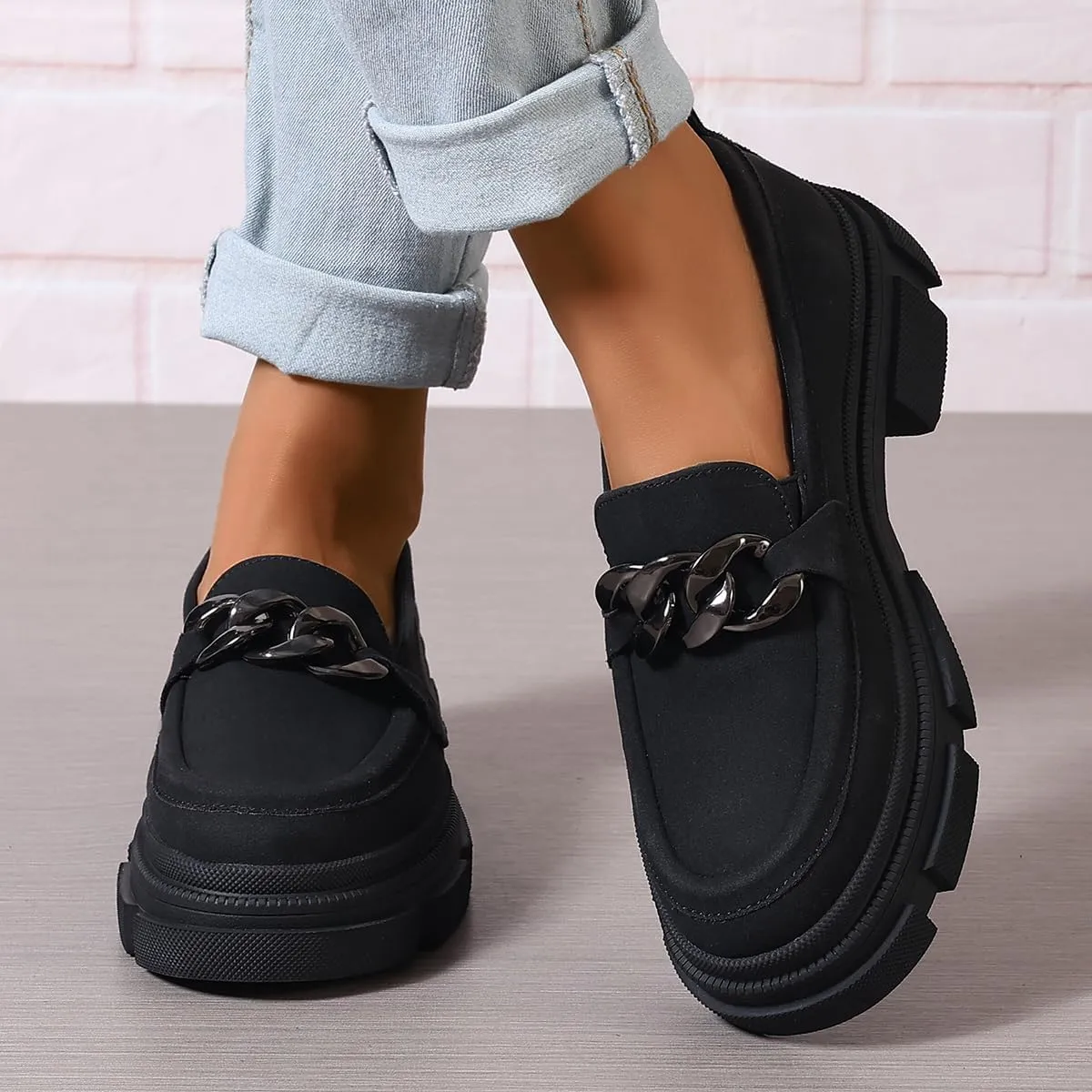 Women's Thick Bottom Suede Slip On Loafers with Metal Chain Platform Chunky Penny Loafer Lug Sole Casual Business Oxford for Work