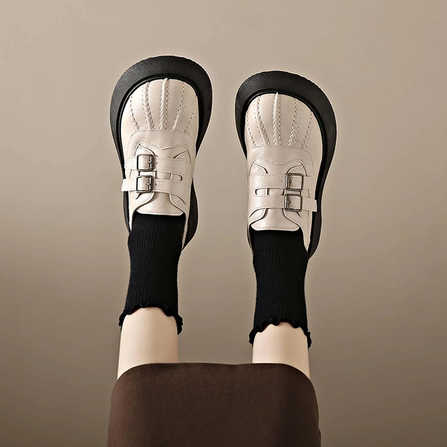 Women's Thick Soled Mary Jane Shoes Comfortable Leather Round Toe Anti Slip Buckle Strap Elegant Casual Loafers Cute Girls' School Work Shoes