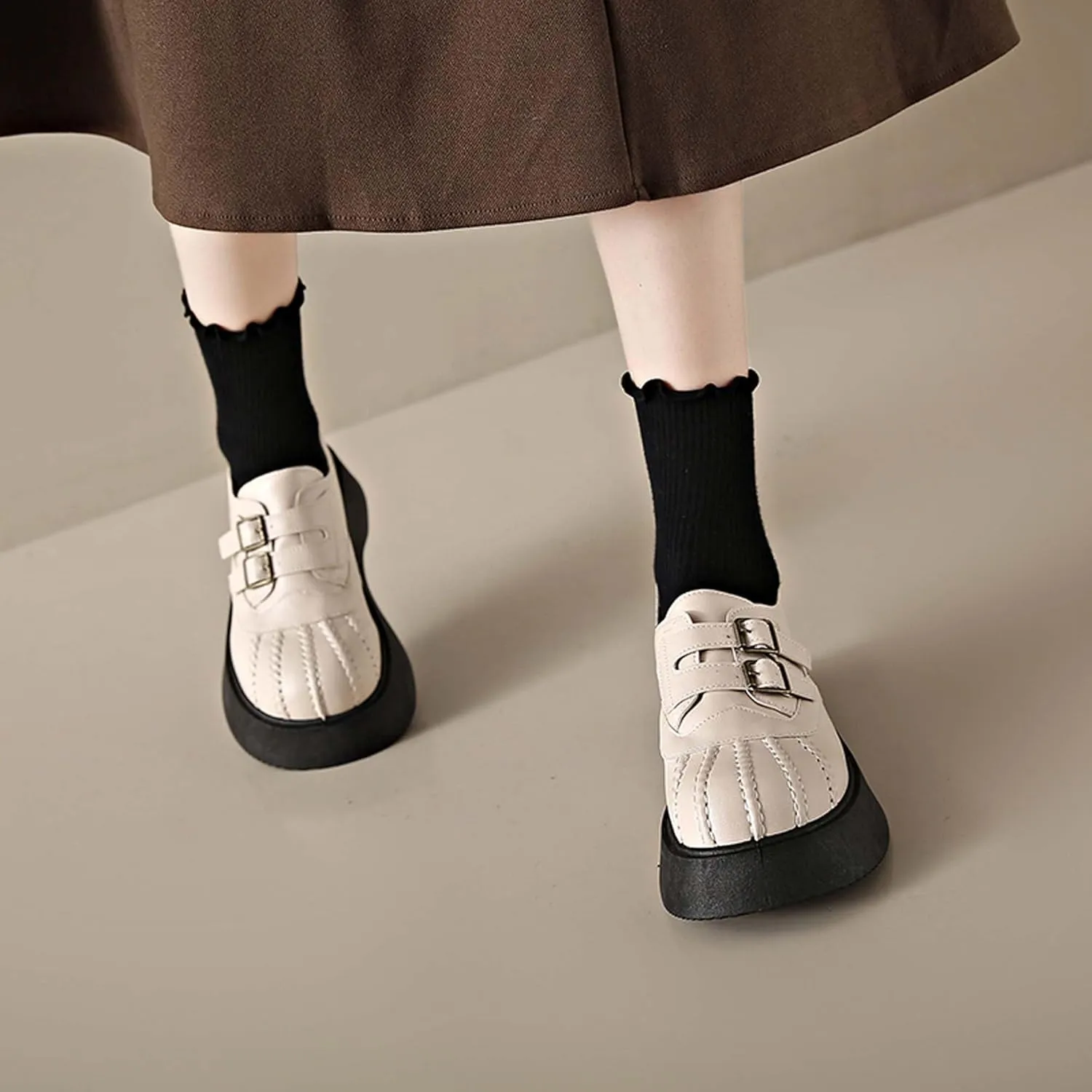 Women's Thick Soled Mary Jane Shoes Comfortable Leather Round Toe Anti Slip Buckle Strap Elegant Casual Loafers Cute Girls' School Work Shoes