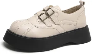 Women's Thick Soled Mary Jane Shoes Comfortable Leather Round Toe Anti Slip Buckle Strap Elegant Casual Loafers Cute Girls' School Work Shoes