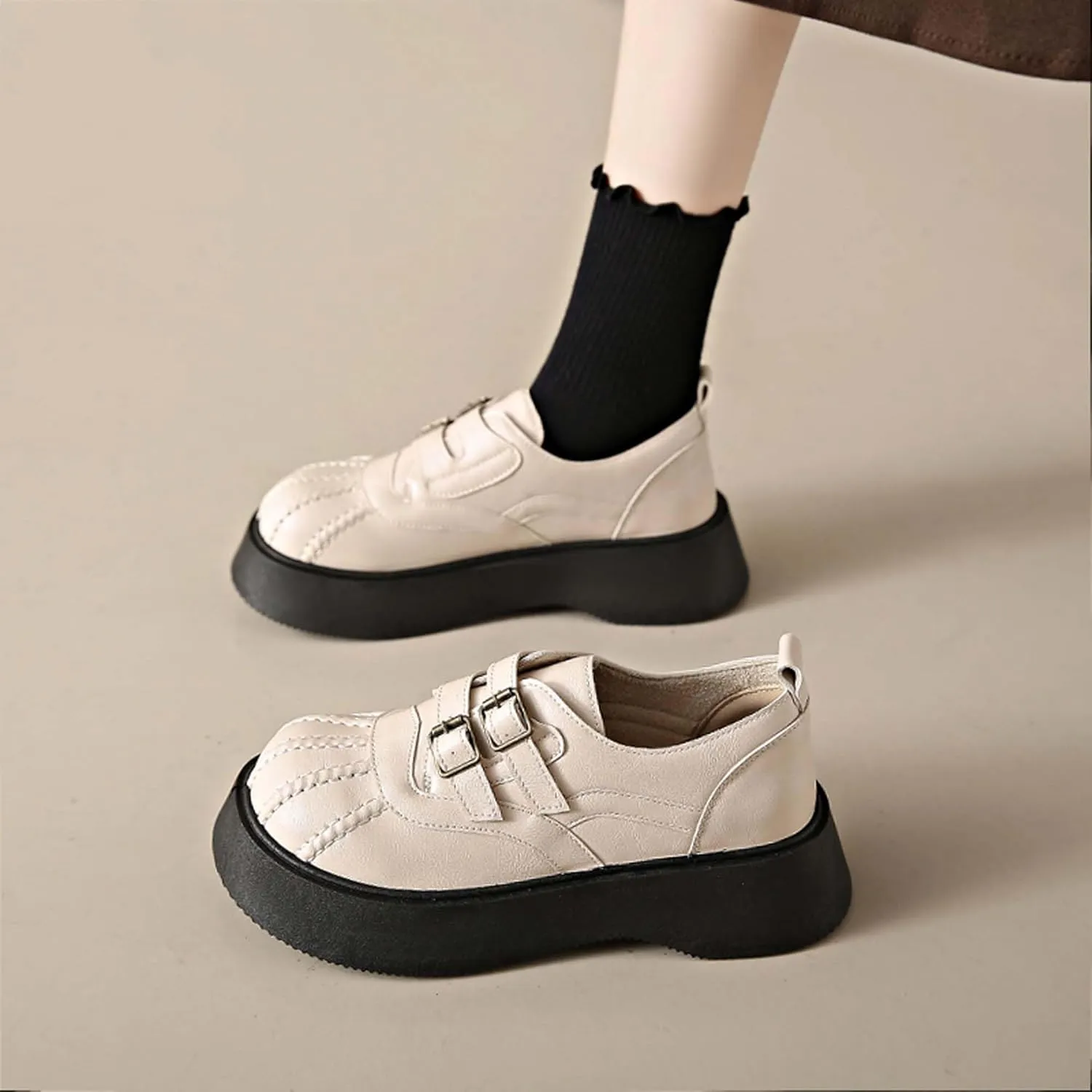 Women's Thick Soled Mary Jane Shoes Comfortable Leather Round Toe Anti Slip Buckle Strap Elegant Casual Loafers Cute Girls' School Work Shoes