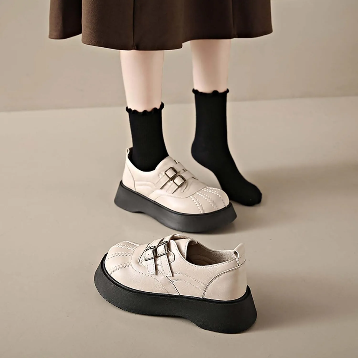 Women's Thick Soled Mary Jane Shoes Comfortable Leather Round Toe Anti Slip Buckle Strap Elegant Casual Loafers Cute Girls' School Work Shoes