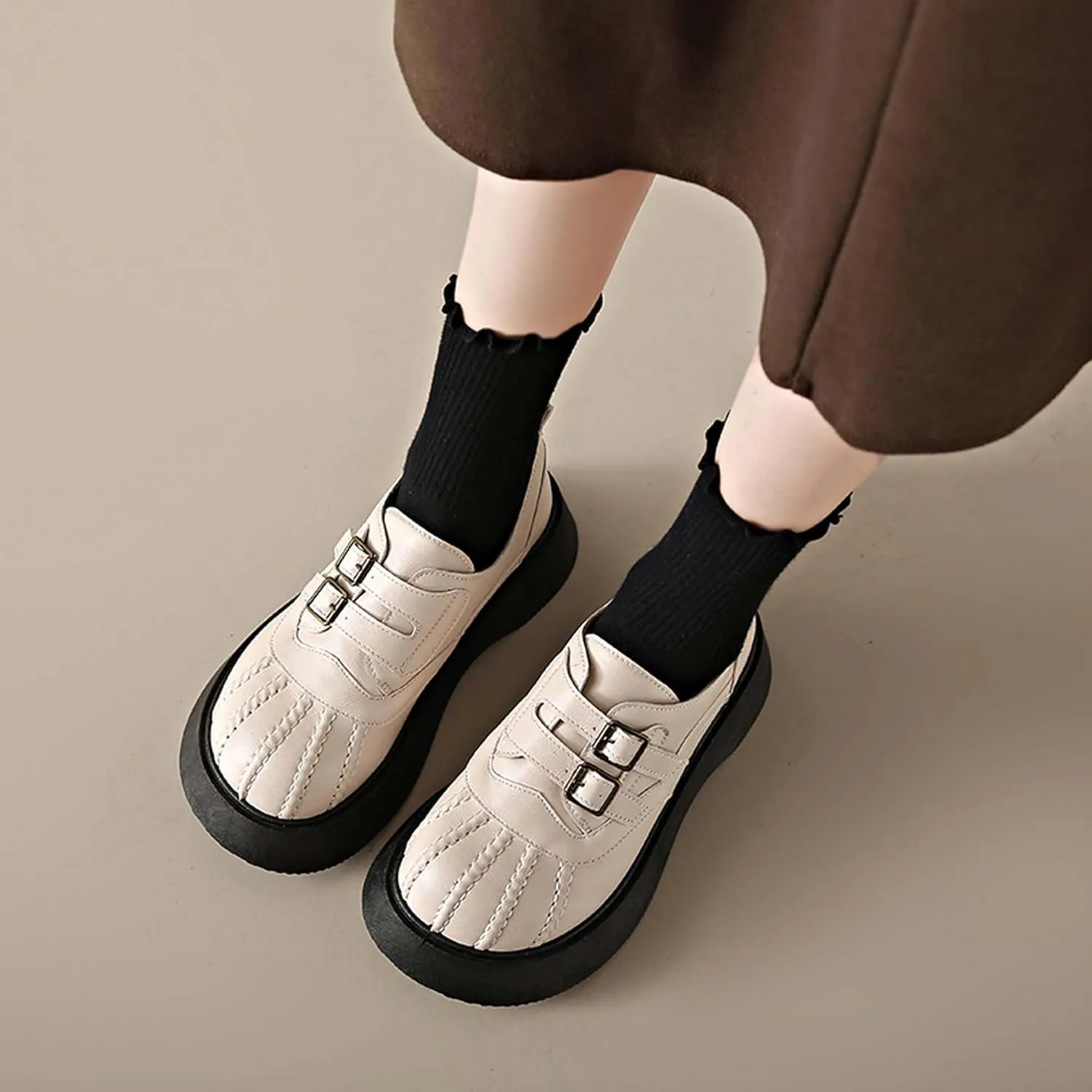 Women's Thick Soled Mary Jane Shoes Comfortable Leather Round Toe Anti Slip Buckle Strap Elegant Casual Loafers Cute Girls' School Work Shoes