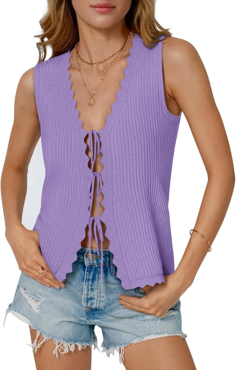Womens Tie Front Tops Trendy 2025 Summer V Neck Sleeveless Sweater Vests Fashion Cute Crochet Knit Tops