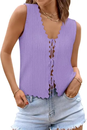 Womens Tie Front Tops Trendy 2025 Summer V Neck Sleeveless Sweater Vests Fashion Cute Crochet Knit Tops