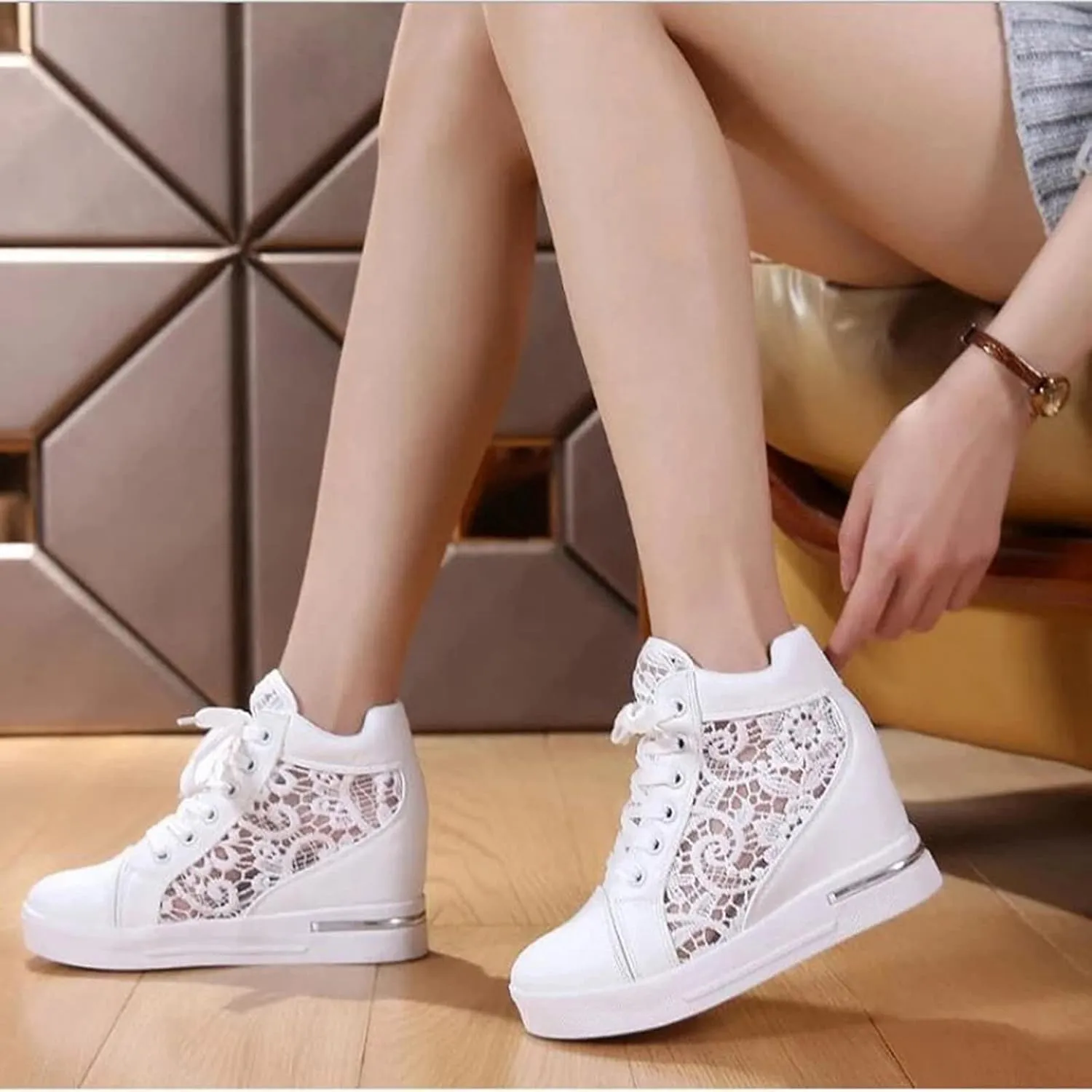 Womenyiaor Platform Hidden Heel Sneaker for Women, Women's Platform Wedge Sneakers Dressy Lace Up Shoes High Heeld High Top Sneakers Fashion Hidden Wedge Tennis Shoes Casual Canvas Shoes