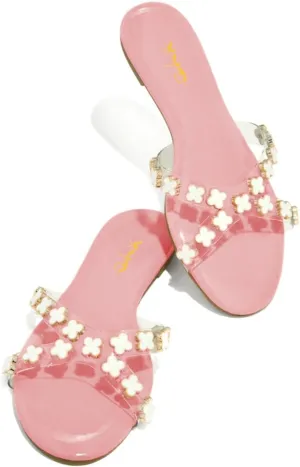 XYD Women Pearl Petal Open Toe Flats Slides Sandals Crossover Straps Slip-ons Sea Holidays Swimming Shoes