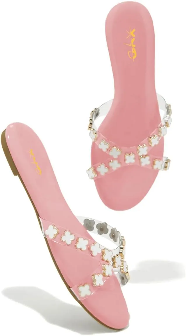 XYD Women Pearl Petal Open Toe Flats Slides Sandals Crossover Straps Slip-ons Sea Holidays Swimming Shoes