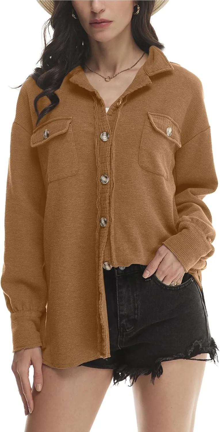 Yanekop Waffle Knit Button Down Shirt Womens Shacket Oversized Long Sleeve Shirt Jacket Trendy Outfits 2025