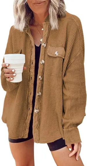 Yanekop Waffle Knit Button Down Shirt Womens Shacket Oversized Long Sleeve Shirt Jacket Trendy Outfits 2025