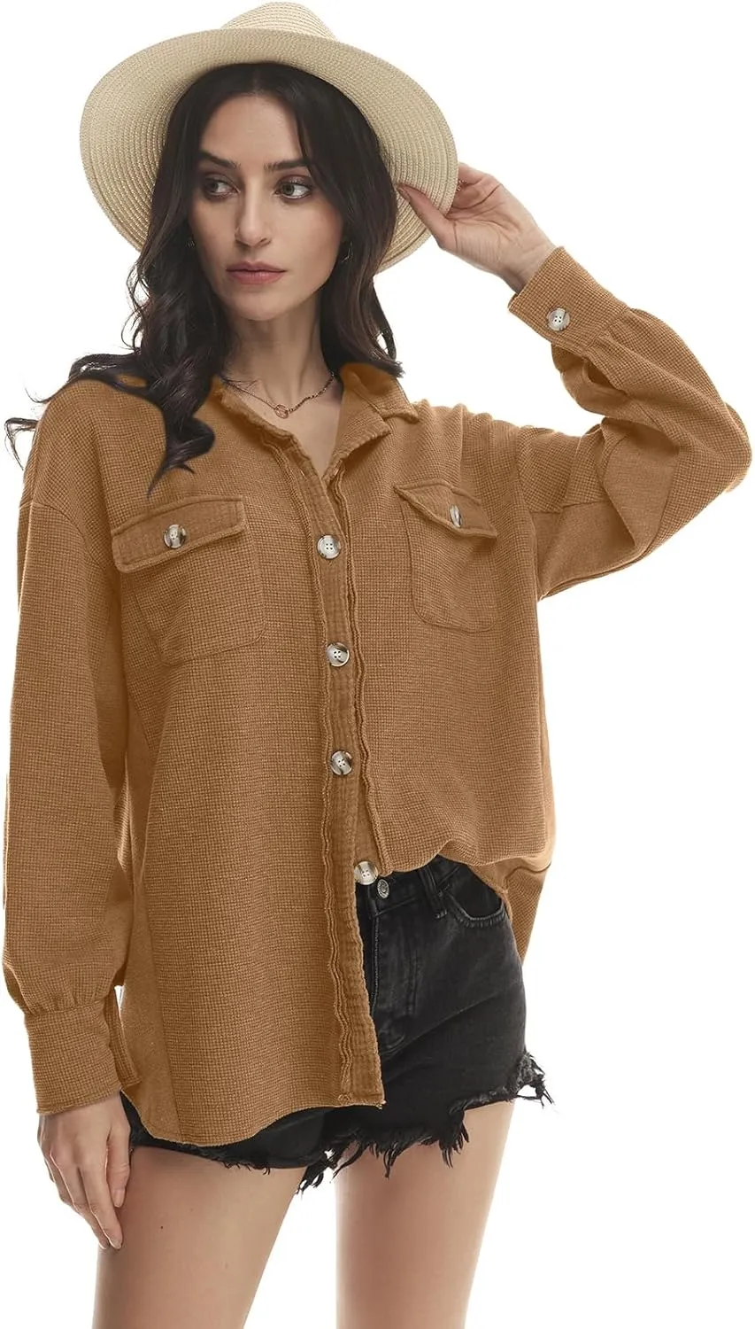 Yanekop Waffle Knit Button Down Shirt Womens Shacket Oversized Long Sleeve Shirt Jacket Trendy Outfits 2025