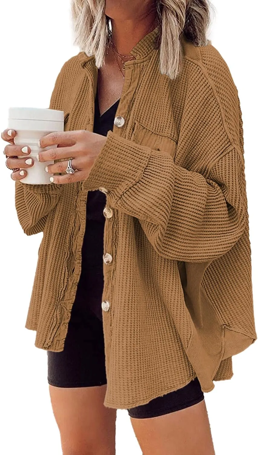 Yanekop Waffle Knit Button Down Shirt Womens Shacket Oversized Long Sleeve Shirt Jacket Trendy Outfits 2025