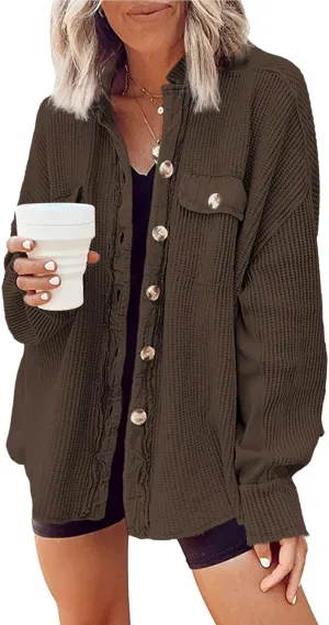 Yanekop Waffle Knit Button Down Shirt Womens Shacket Oversized Long Sleeve Shirt Jacket Trendy Outfits 2025
