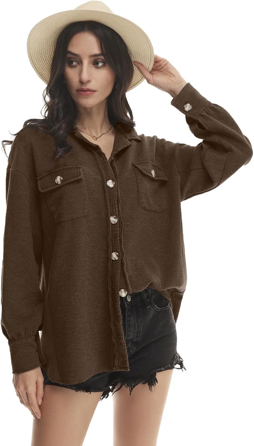 Yanekop Waffle Knit Button Down Shirt Womens Shacket Oversized Long Sleeve Shirt Jacket Trendy Outfits 2025