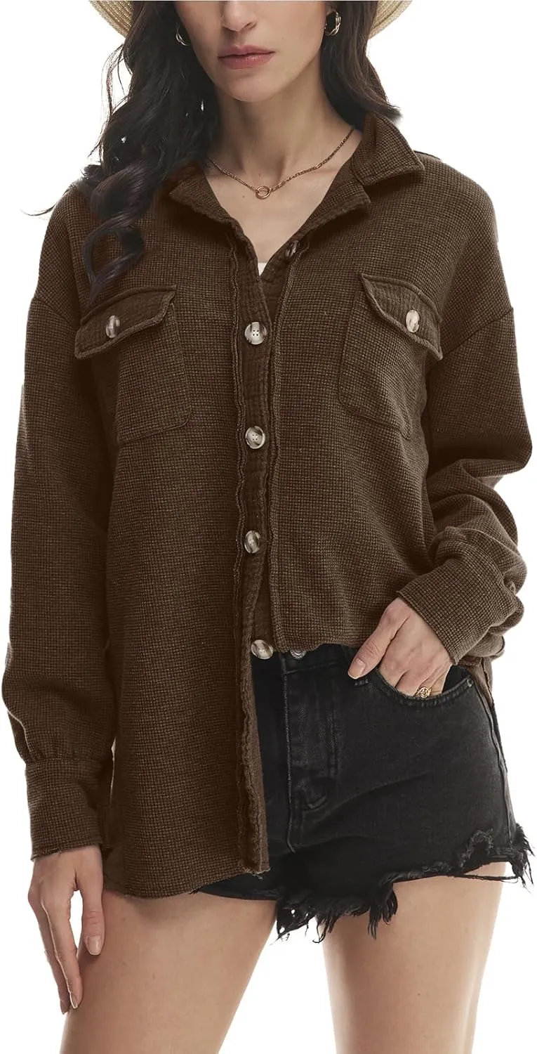 Yanekop Waffle Knit Button Down Shirt Womens Shacket Oversized Long Sleeve Shirt Jacket Trendy Outfits 2025