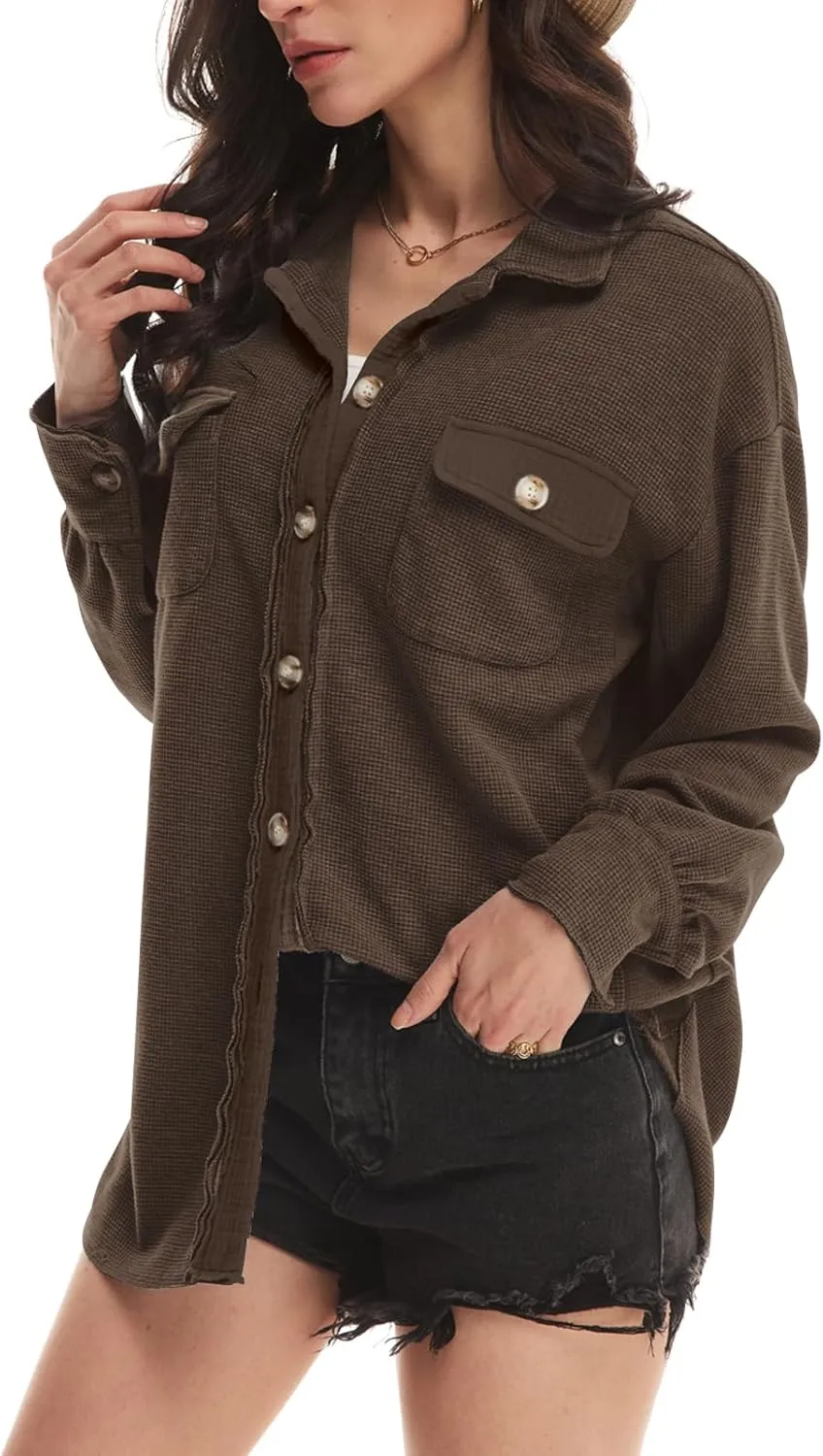 Yanekop Waffle Knit Button Down Shirt Womens Shacket Oversized Long Sleeve Shirt Jacket Trendy Outfits 2025