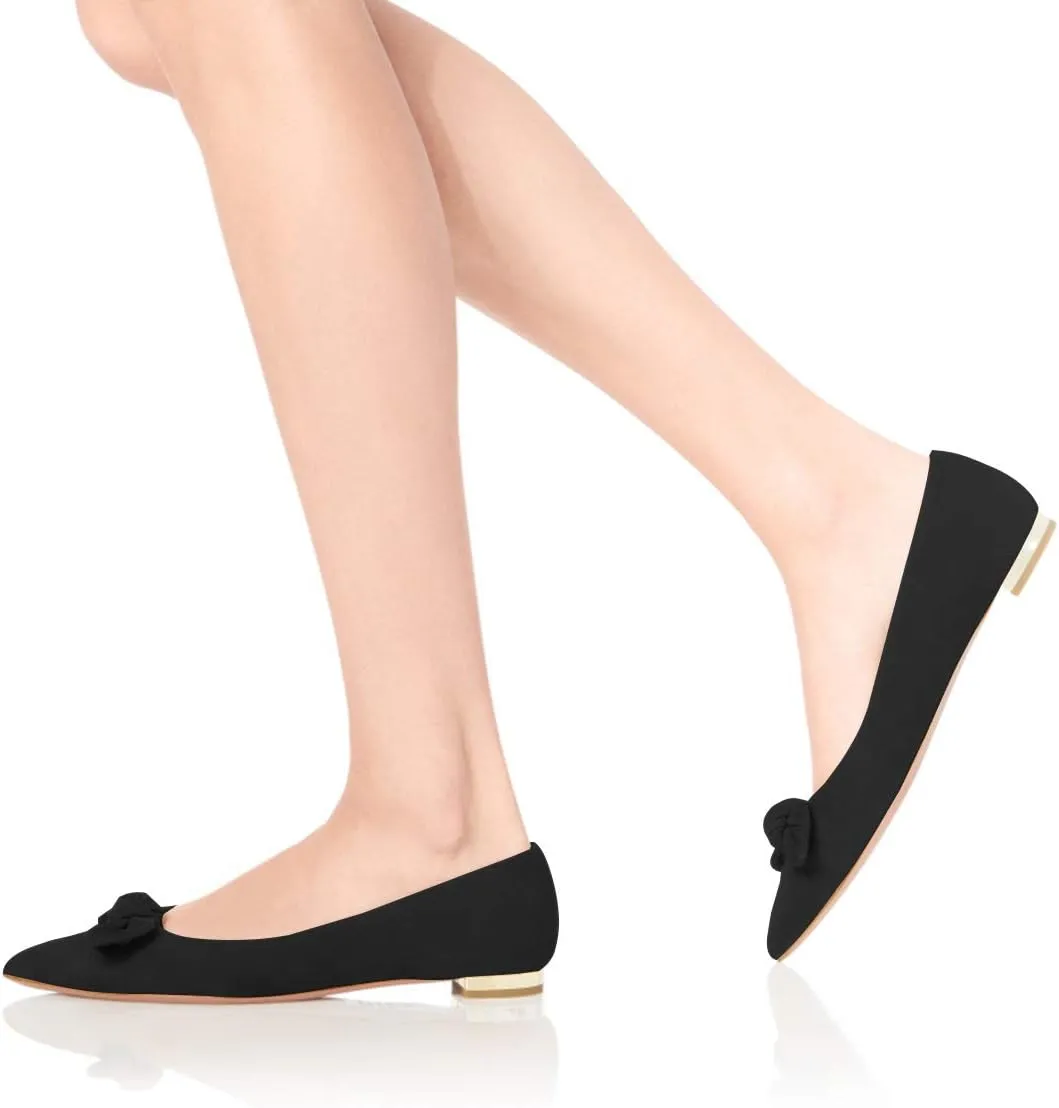 YDN Women Adorable Low Heel Bow Pumps Comfortable Pointed Toe Ballet Flats Slip on Soft Office Shoes