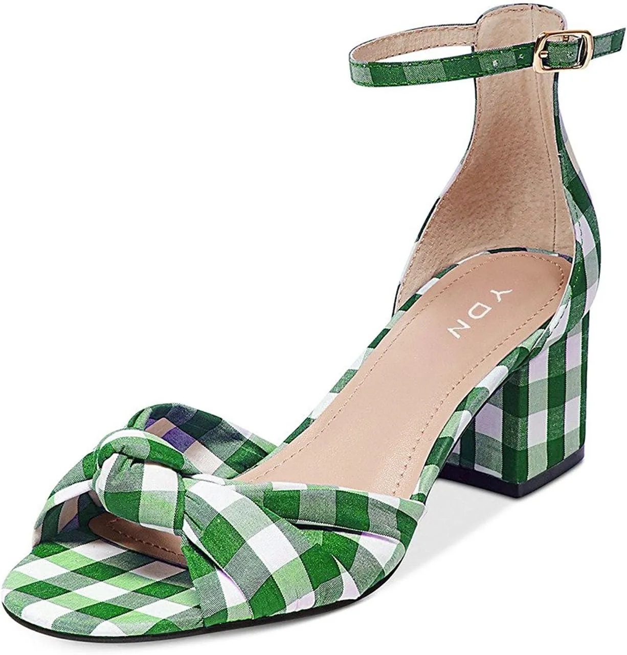 YDN Women Block Low Heel Fabric Plaid Sandals Ankle Strap Open Toe Pumps D'orsay Bowknot Summer Shoes with Buckle