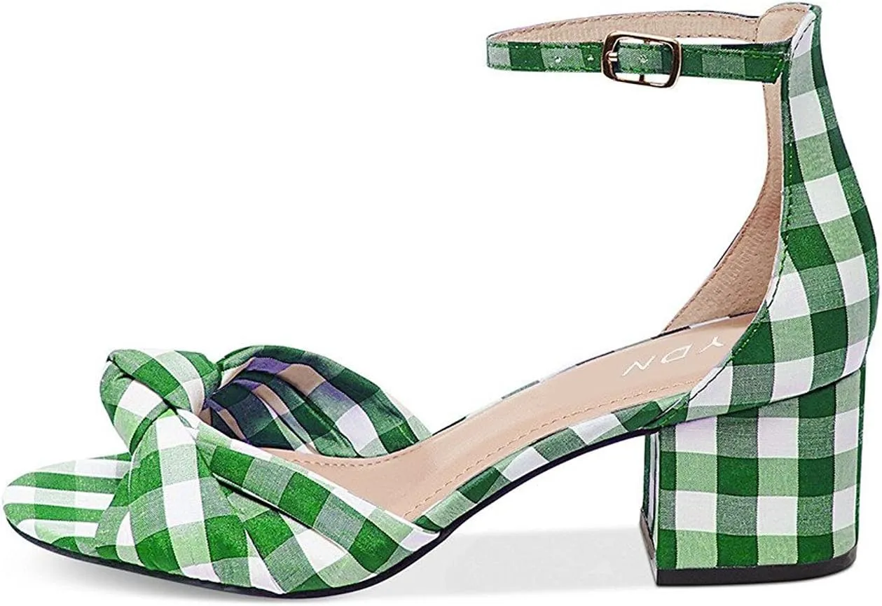 YDN Women Block Low Heel Fabric Plaid Sandals Ankle Strap Open Toe Pumps D'orsay Bowknot Summer Shoes with Buckle