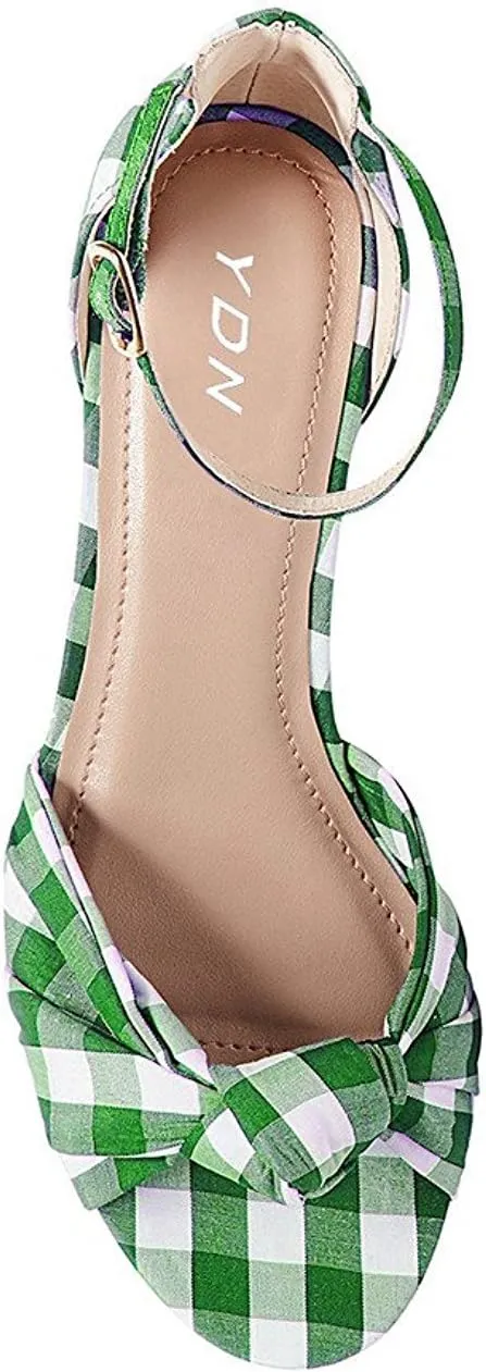 YDN Women Block Low Heel Fabric Plaid Sandals Ankle Strap Open Toe Pumps D'orsay Bowknot Summer Shoes with Buckle