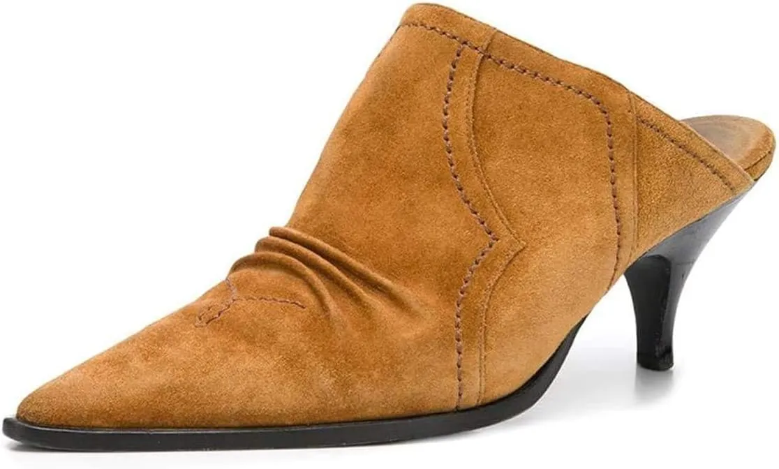 YDN Women Chic Slip On Low Heel Mules Pumps Pointed Toe Loafers Kitten Sandals Suede Comfort Sexy Shoes