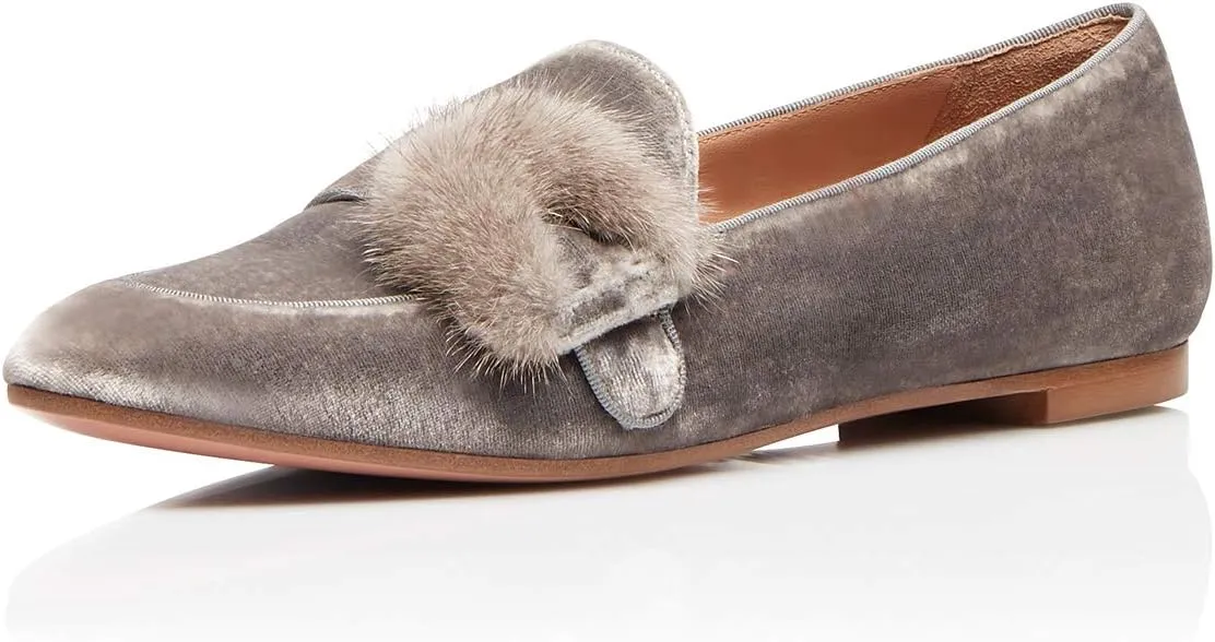 YDN Women Comfy Round Toe Loafers Slip on Low Heel Ballet Flats Fur Velvet Pumps Dress Walking Office Shoes
