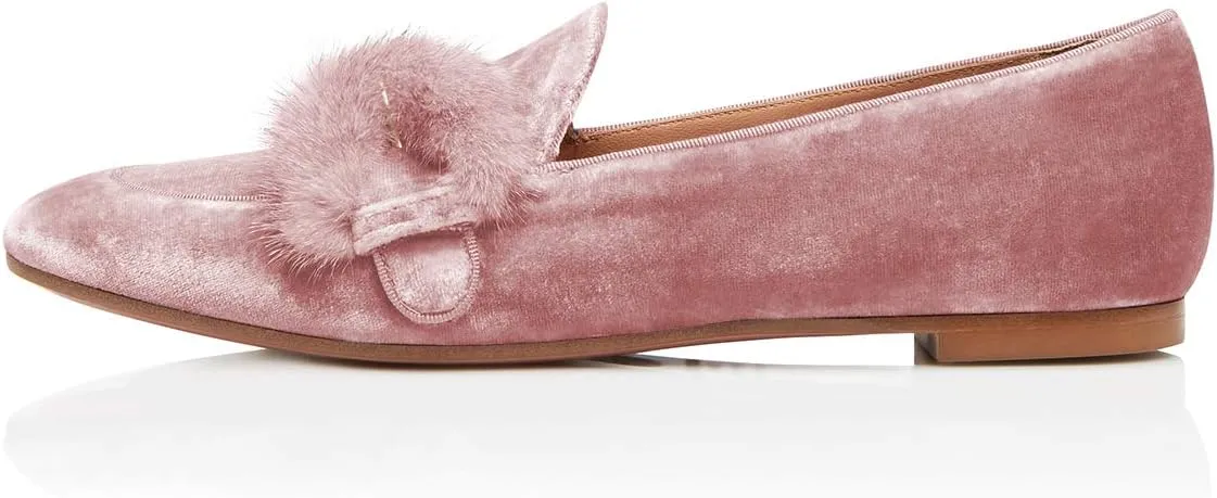 YDN Women Comfy Round Toe Loafers Slip on Low Heel Ballet Flats Fur Velvet Pumps Dress Walking Office Shoes