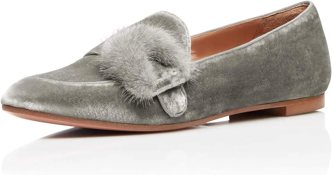 YDN Women Comfy Round Toe Loafers Slip on Low Heel Ballet Flats Fur Velvet Pumps Dress Walking Office Shoes