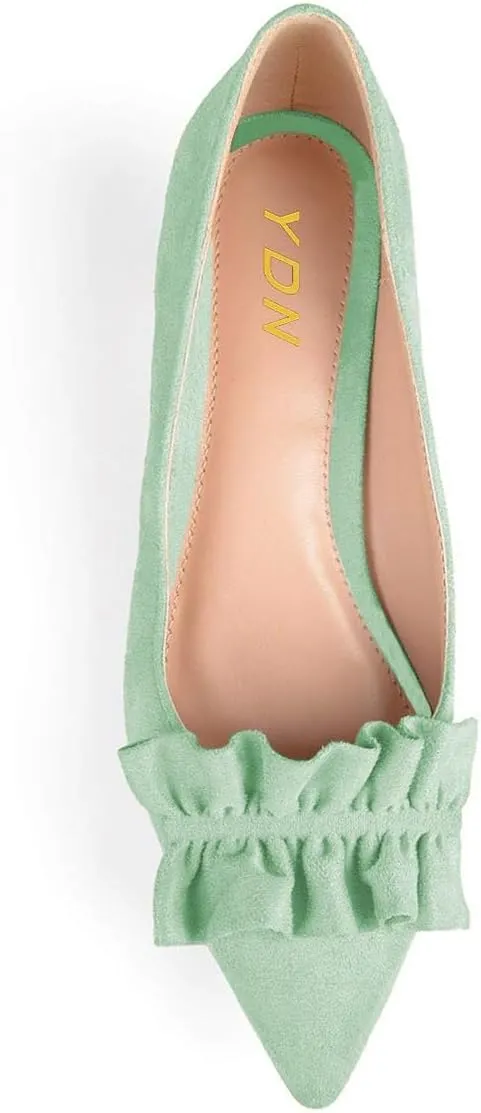 YDN Women Gorgeous Ruffled Kitten Heel Pumps Slip On Suede Pointed Toe Basic Office Court Shoes