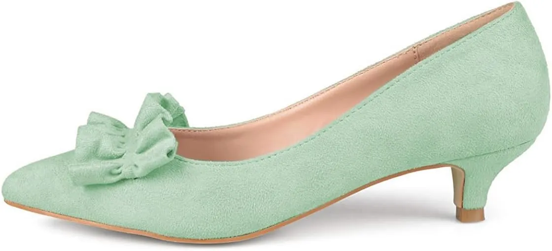 YDN Women Gorgeous Ruffled Kitten Heel Pumps Slip On Suede Pointed Toe Basic Office Court Shoes