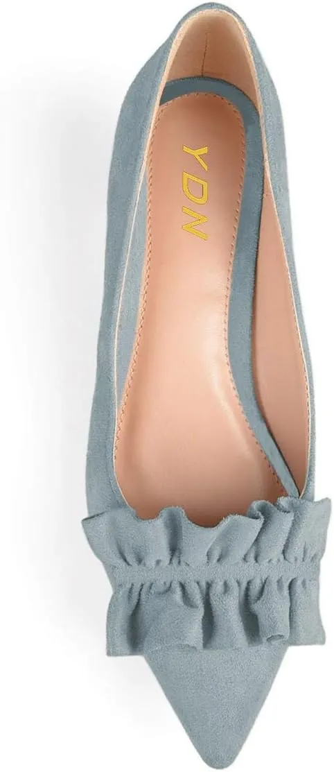 YDN Women Gorgeous Ruffled Kitten Heel Pumps Slip On Suede Pointed Toe Basic Office Court Shoes