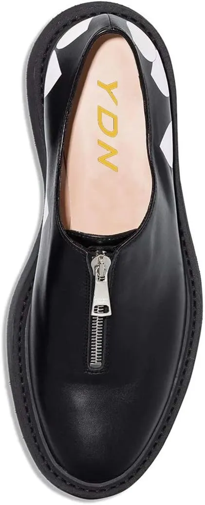 YDN Women Little Platform Loafers Cute Round Toe Leather Zip No Heel Slip-on Travel Campus Walking Shoes Size 4-15 US