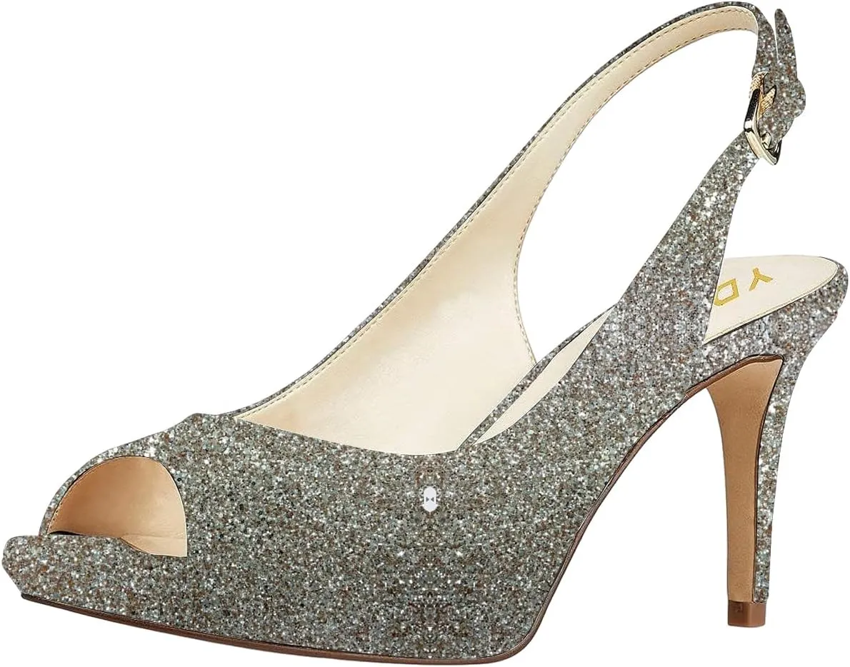 YDN Women Sexy High Heels Pumps Peep Toe Platform Block Slingback Dress Shoes Size 4-16 US