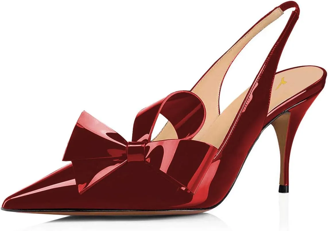 YDN Women Stiletto Mid Heel Pumps Bow Pointed Toe Slingback Slip on Sandals Dress Evening Prom Shoes Size 4-16 US