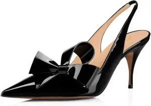 YDN Women Stiletto Mid Heel Pumps Bow Pointed Toe Slingback Slip on Sandals Dress Evening Prom Shoes Size 4-16 US