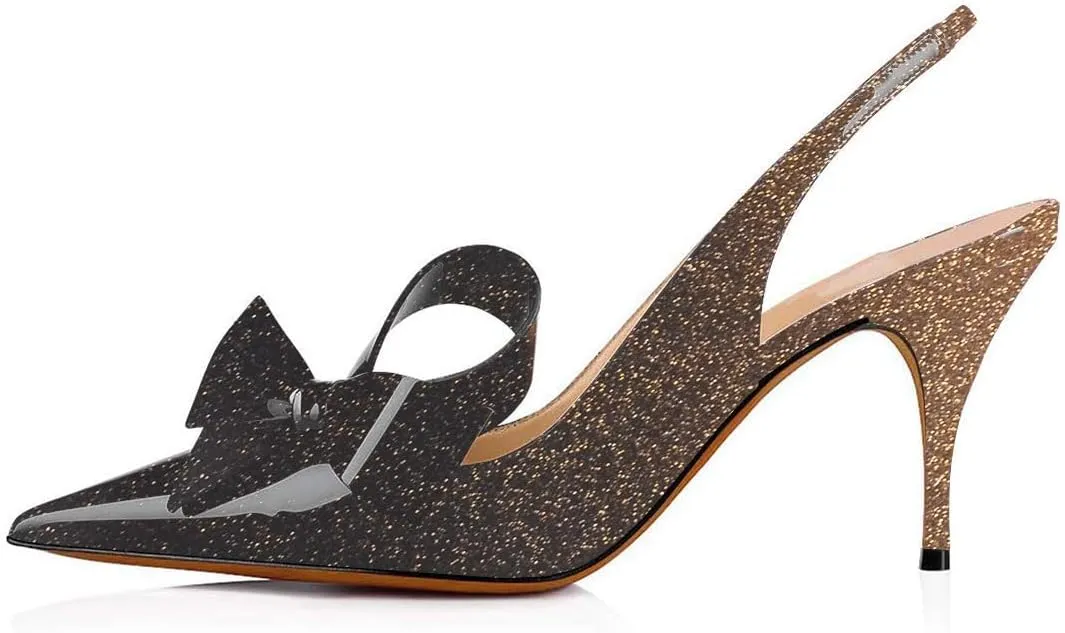 YDN Women Stiletto Mid Heel Pumps Bow Pointed Toe Slingback Slip on Sandals Dress Evening Prom Shoes Size 4-16 US