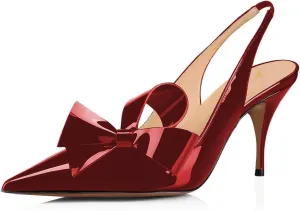 YDN Women Stiletto Mid Heel Pumps Bow Pointed Toe Slingback Slip on Sandals Dress Evening Prom Shoes Size 4-16 US