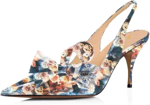 YDN Women Stiletto Mid Heel Pumps Bow Pointed Toe Slingback Slip on Sandals Dress Evening Prom Shoes Size 4-16 US