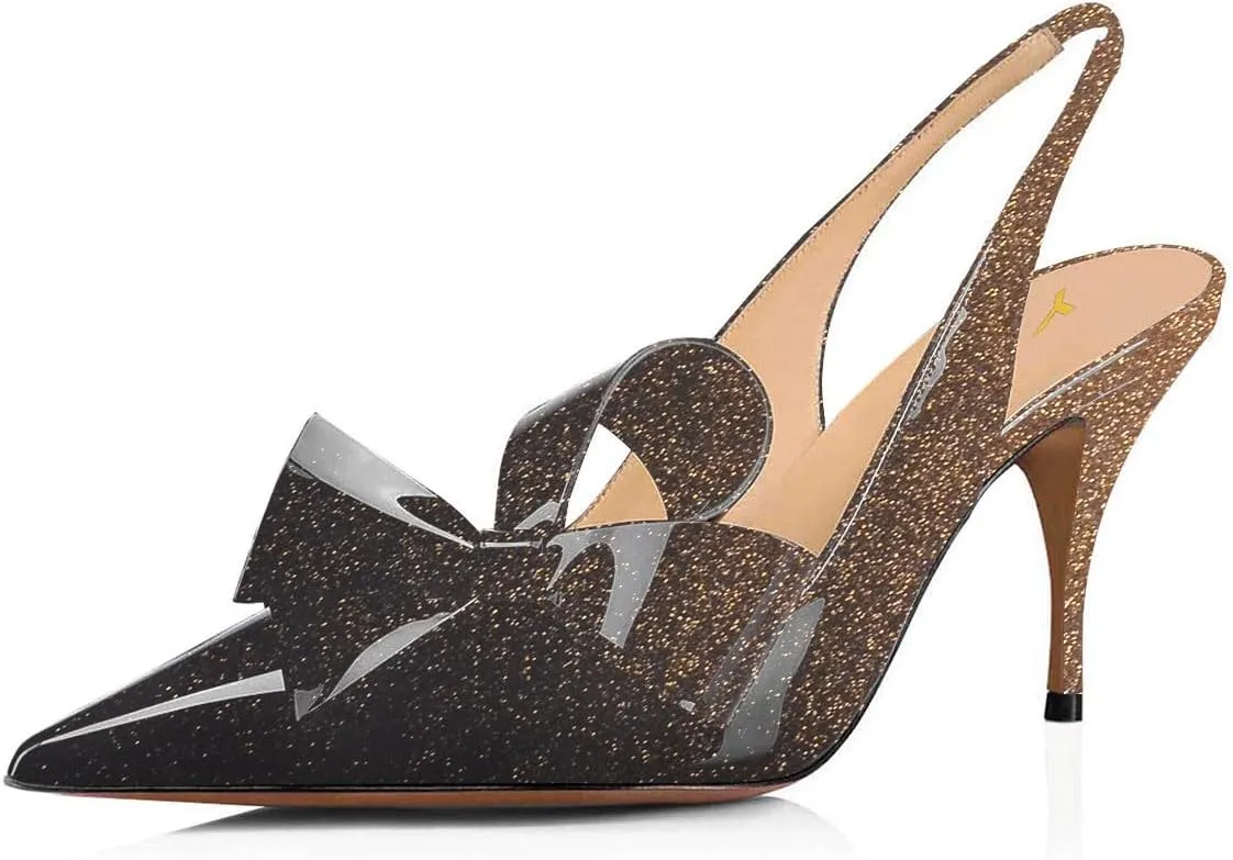 YDN Women Stiletto Mid Heel Pumps Bow Pointed Toe Slingback Slip on Sandals Dress Evening Prom Shoes Size 4-16 US