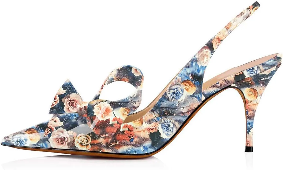 YDN Women Stiletto Mid Heel Pumps Bow Pointed Toe Slingback Slip on Sandals Dress Evening Prom Shoes Size 4-16 US