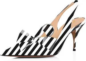 YDN Women Stiletto Mid Heel Pumps Bow Pointed Toe Slingback Slip on Sandals Dress Evening Prom Shoes Size 4-16 US
