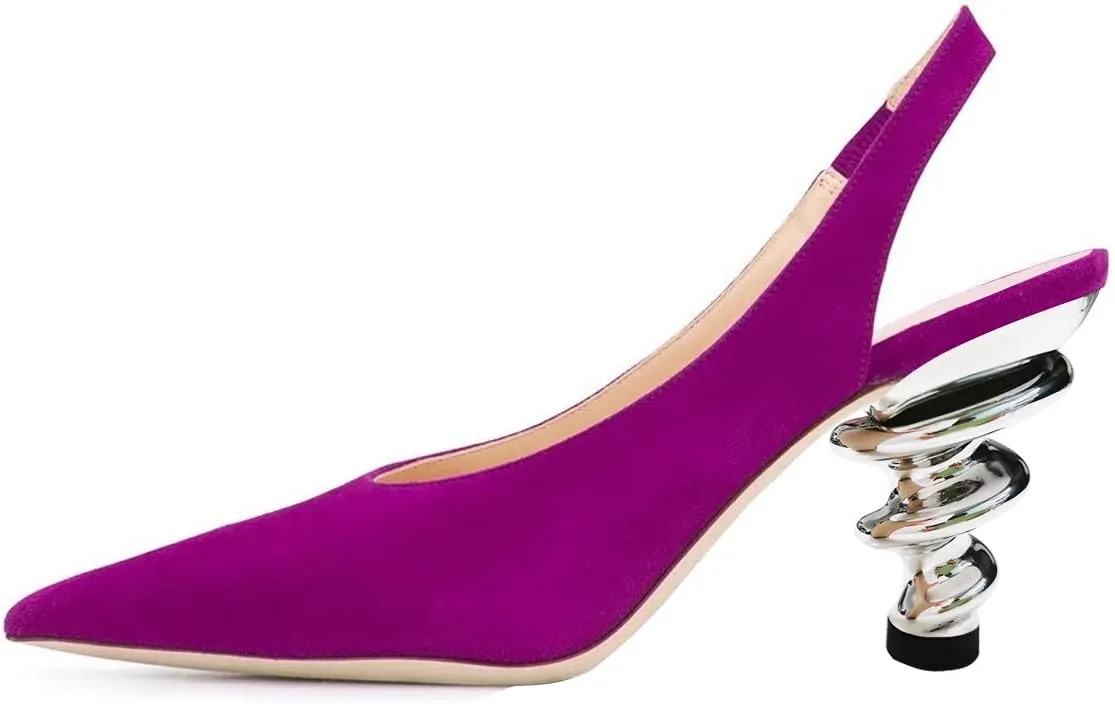YDN Women Trendy Metallic Spiral Heels Slip On Sandals Slingback Elastic Pointed Toe Pumps Daily Party Shoes 4-15 US