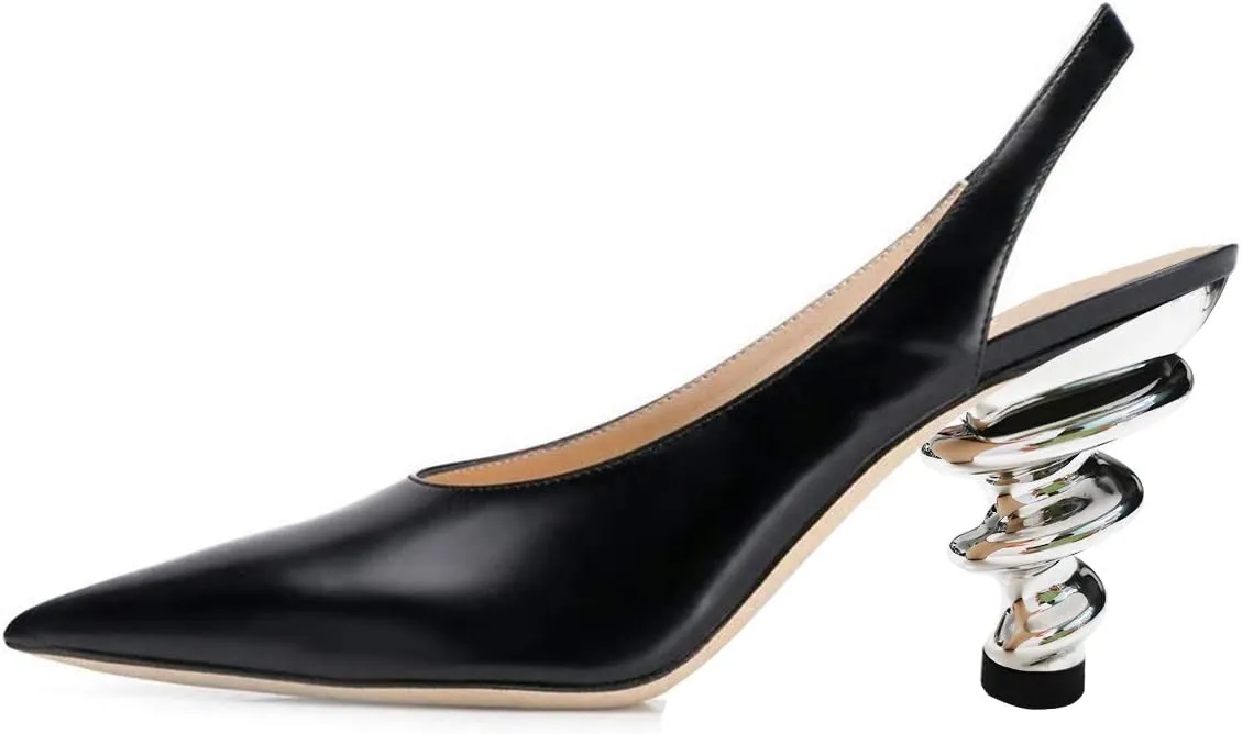 YDN Women Trendy Metallic Spiral Heels Slip On Sandals Slingback Elastic Pointed Toe Pumps Daily Party Shoes 4-15 US