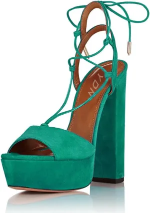 YDN Women's Lace-up Chunky High Heels Platform Sandals Open Toe Suede Retro Slingack Shoes