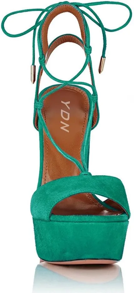 YDN Women's Lace-up Chunky High Heels Platform Sandals Open Toe Suede Retro Slingack Shoes