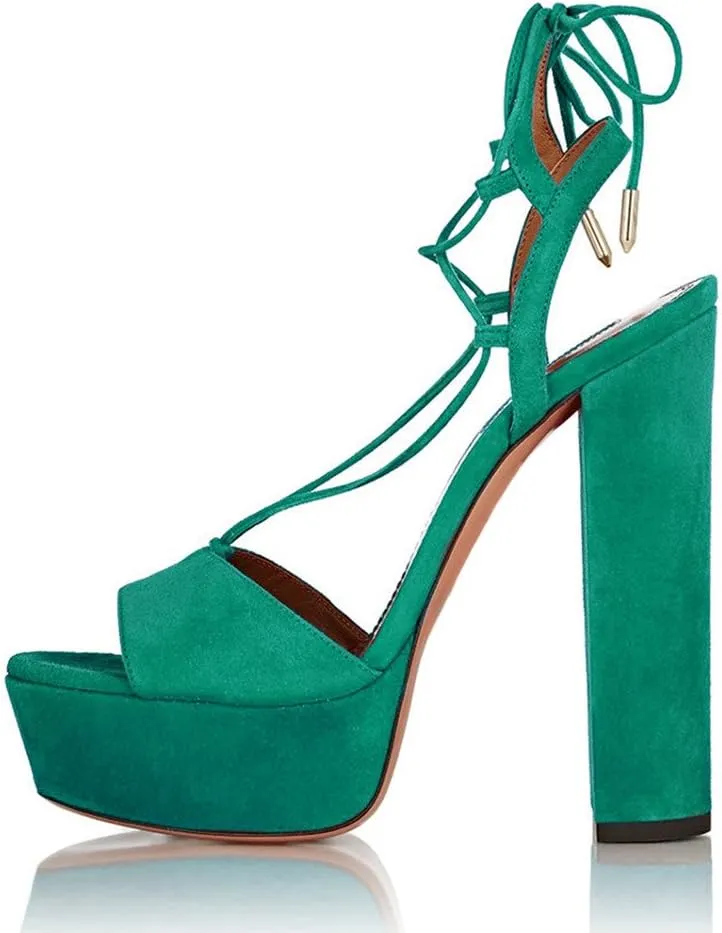 YDN Women's Lace-up Chunky High Heels Platform Sandals Open Toe Suede Retro Slingack Shoes