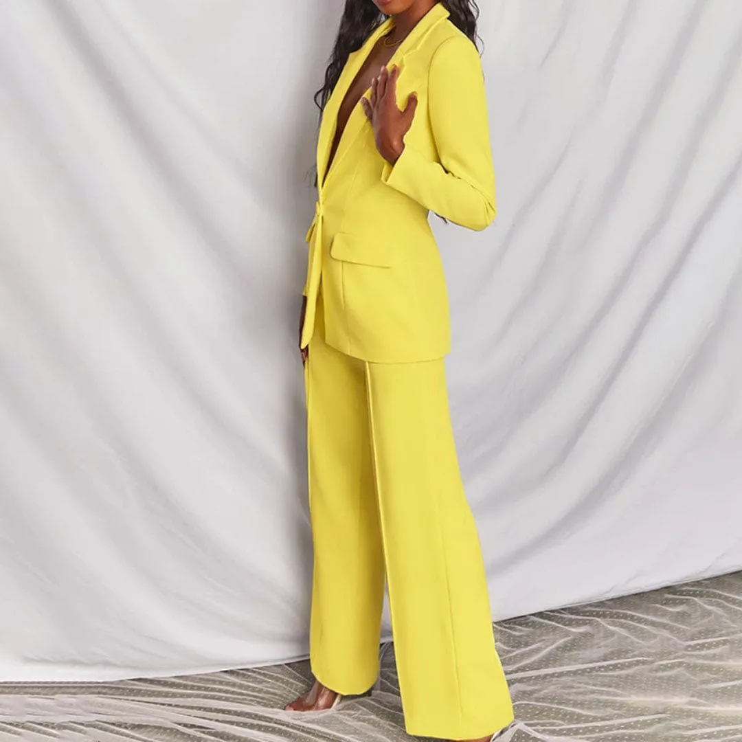 Yellow 2 Piece Single Buttons Business Casual Slim Fit Women Suit